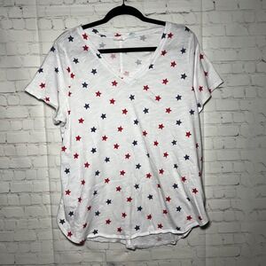 Cynthia Rowley White Red Blue Star V Neck Short Sleeve Cotton T Shirt Plus Sz 1X